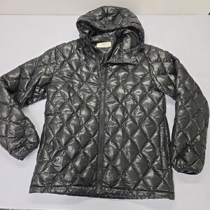 Black Chocoolate Womens XL Quilted Down Puffer Jacket Hooded Glossy Black